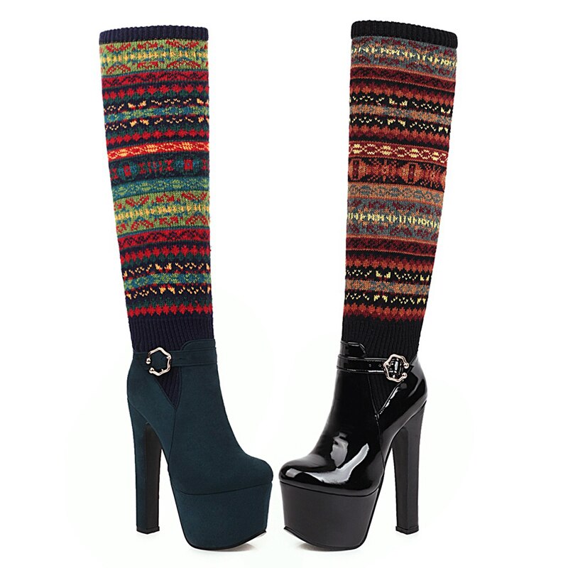 Cuissardes à plateforme pour femme, chaussures d&#39;hiver à talons hauts, motif de noël, WSH3700