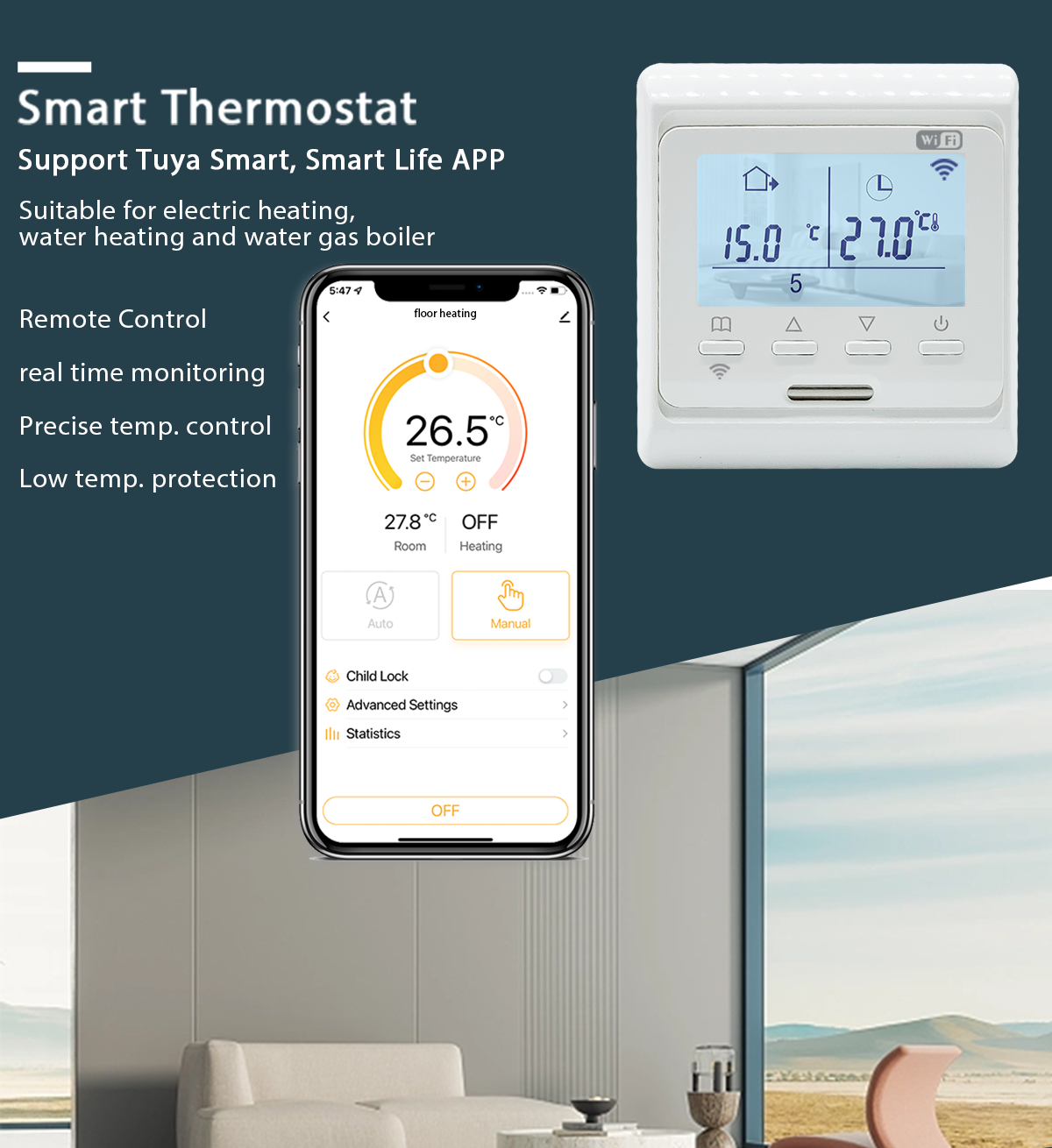 Termostato programable de suelo de calor WiFi, 220V, 16A, controlador de temperatura de calefacción por suelo radiante eléctrico para el hogar, Control por aplicación remota