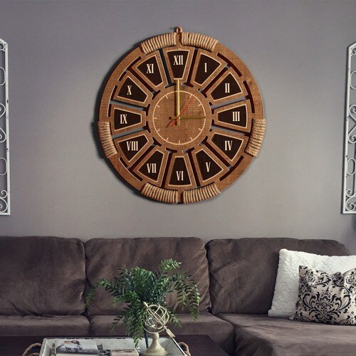Horloge murale en bois Zeyrek ville-chiffre romain osier brodé 55 cm