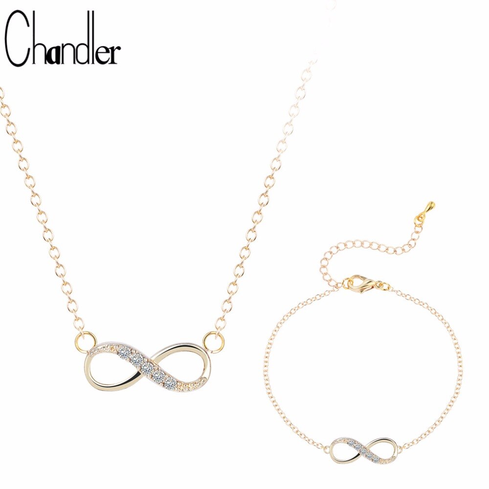 Chandler Plated Number 8 Endless CZ Necklace &amp; Bracelet For Women Forever Eternal Friendship Infinity Jewelry Set