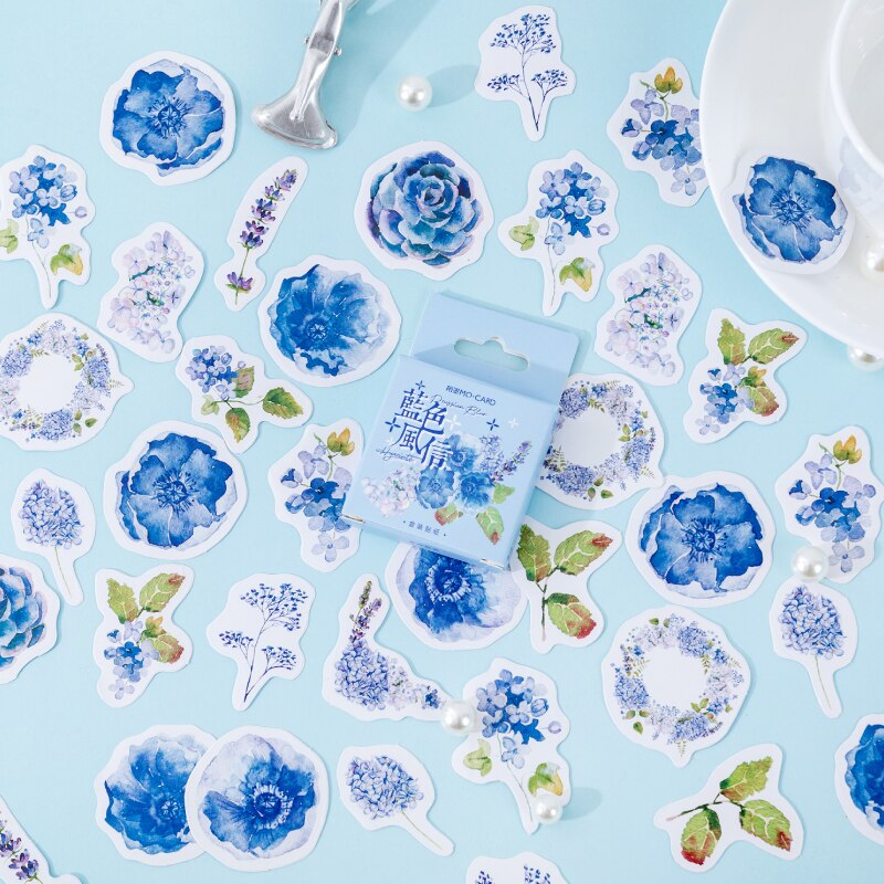 46PCS Blue Flower Phone Stickers Aesthetic Decoracion Scrapbooking Accessories Sticker Flakes Stationery Supplies: Default Title
