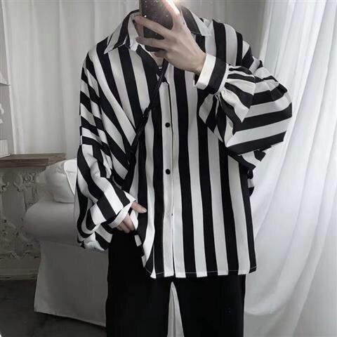 Långärmade skjortor för män plus storlek 3xl korean chic fritid lösa herr ytterkläder tunna sommar tonåringar matchande ins ulzzang: Randig / S