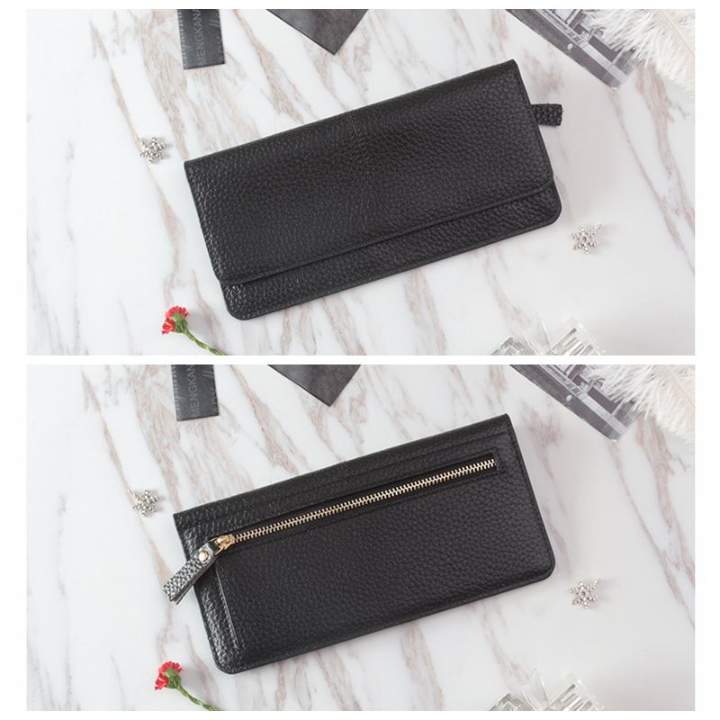 genuine cow leather slim card holder wallet ladies simple Cowhide credit card holder: Black Long Version