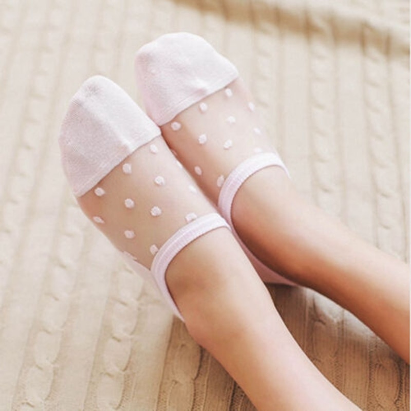 Women Lace Socks Crystal Glass Silk Knit Girl Dot Print Transparent Summer Invisible Sock Slippers