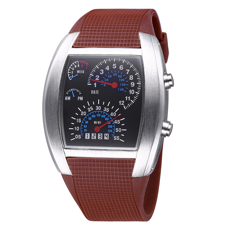 Flash azul LED Turbo RPM para hombre, reloj de Dial para coche deportivo, negro completo, de acero inoxidable, rectangular, medidor de aire: Silver Case Coffee