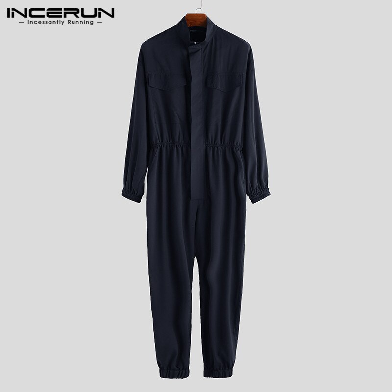 INCERUN Men Jumpsuit Joggers Long Sleeve Romper Zipper Cargo Overalls Cool Solid Streetwear Hiphop Casual Pants Men: Navy / 5XL