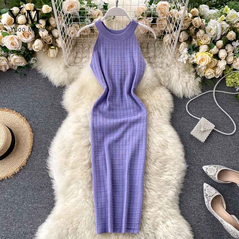 YuooMuoo-robe moulante, à la pour femmes, col licou, en tricot, sans manches, Streetwear, nouveauté pour l'été: VIOLET