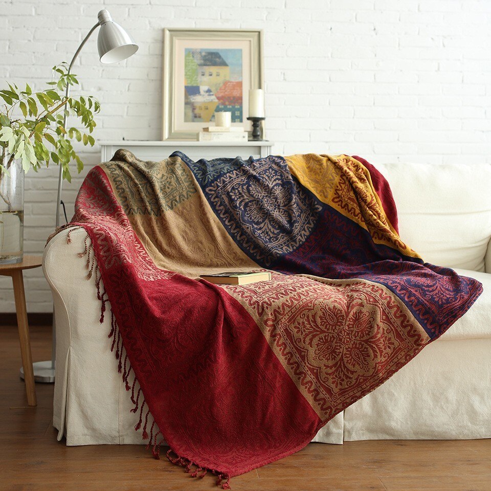 Etnische Chenille Plaid Bank Deken Gooi Gewogen Gebreide Gooi Deken Op Couch Vintage Tapijt Wandtapijt Sofa Cover Sprei