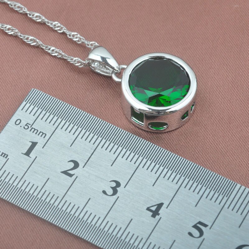 Vrouwen Bruiloft Sieraden Sets Ronde Green Zirconia Hanger Ringen Zilveren Kleur Ketting En Oorbellen Set Top Sieraden TZ0370