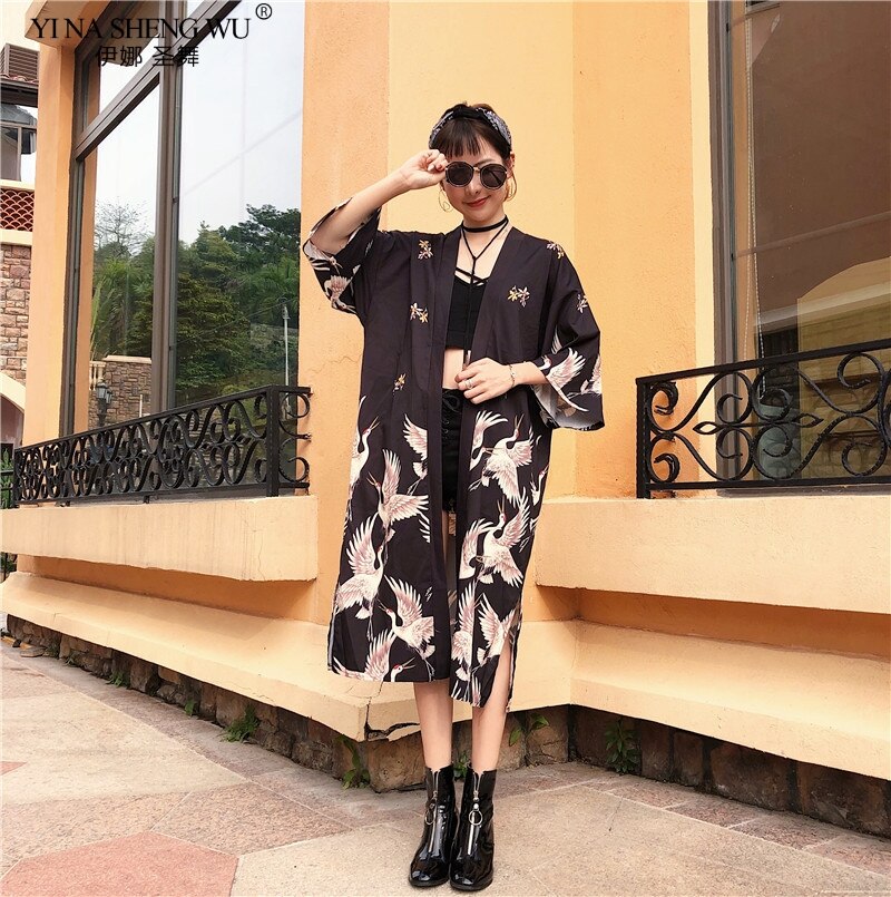 Kimono japonés de tipo Yukata Kimono Cardigan blusa de mujeres de manga larga Cardigan Haori Kimonos tradicionales cinturón de vestido largo
