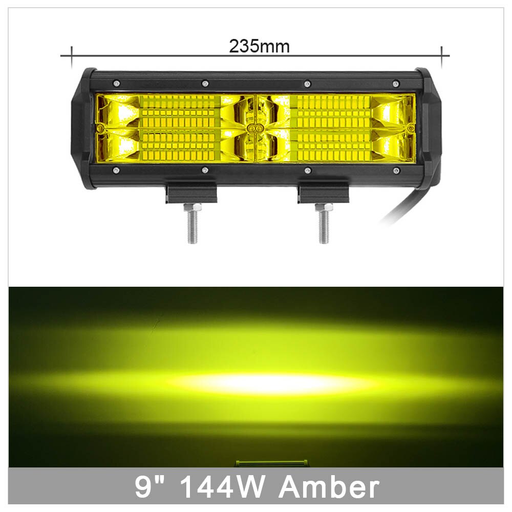 Barra de luces LED de 12 pulgadas, 72 W, 180 W, focos de inundación para camiones todo terreno 4X4, lámpara antiniebla para motocicletas, luces externas de trabajo de conducción 12V 24V: 9 inch 144W Amber x1