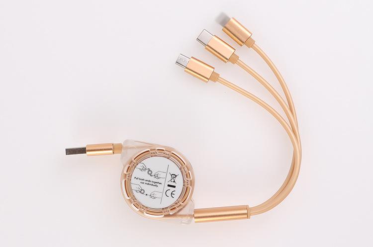 3 w 1 Multi USB chowany kabel ładowarki dla iPhone USB typ C android mikro linia: Złota