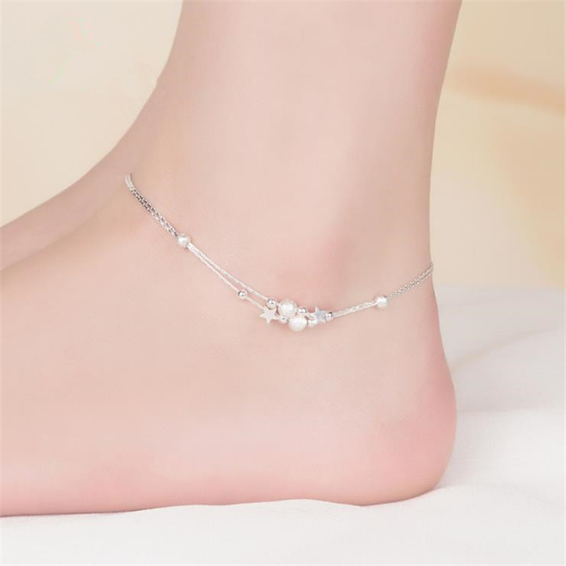 KOFSAC-tobilleras de Plata de Ley 925 con doble cadena para mujer, pulseras de tobillo con cuentas de estrellas, joyería para pie, de para niña