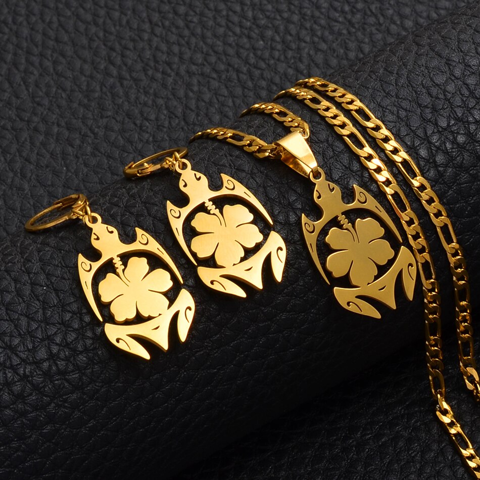 Anniyo Schildpad Sieraden Set Hawaiiaanse Bloemen Goud Kleur Schildpad Ketting Oorbellen Micronesië Hawaii Voor Vrouwen Meisjes #121221