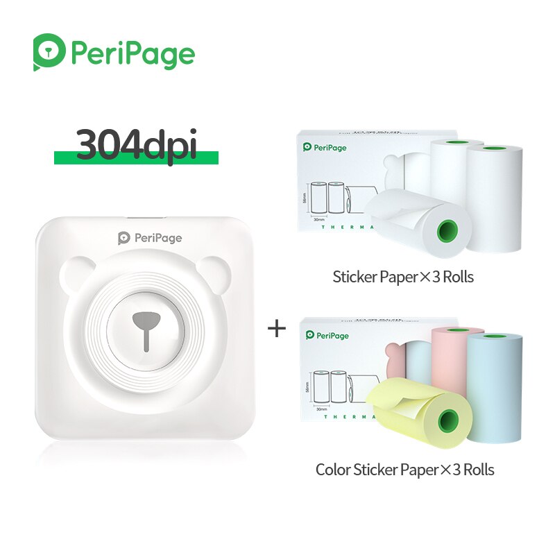 PeriPage 304dpi White Label Receipt Photo Wireless Mini Portable Thermal Bluetooth Printer A6: White 6 Sticky Paper