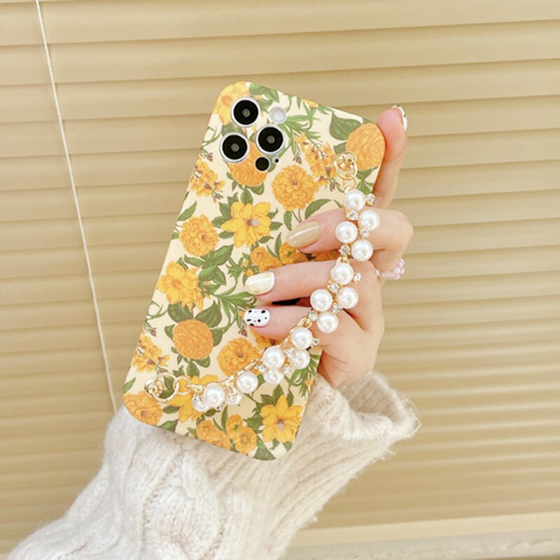 Lovecom Vintage Gele Bloem Parel Strass Pols Chain Strap Case Voor Iphone 11 12 Pro Max Xs Max 7 8 plus Soft Cover