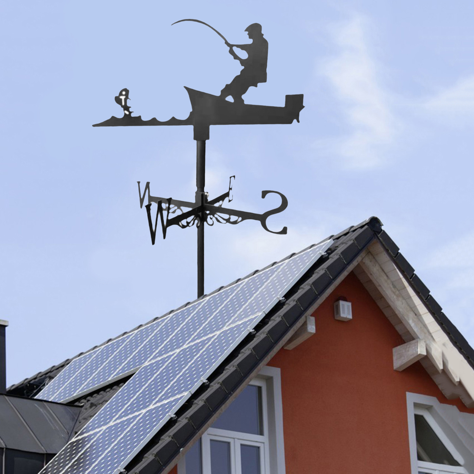 Iron Angler Shape Wind Vane Roof Mount Wind Direction Indicator Farm Weathervane Yard Ornament: Angler