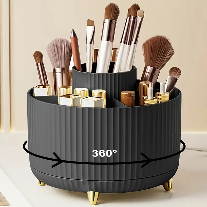 360° Rotating Makeup Organizer Makeup Holder Cosmetic Storage with 5 Compartments Multi-Functional Holder for Brushes Pen: Brown