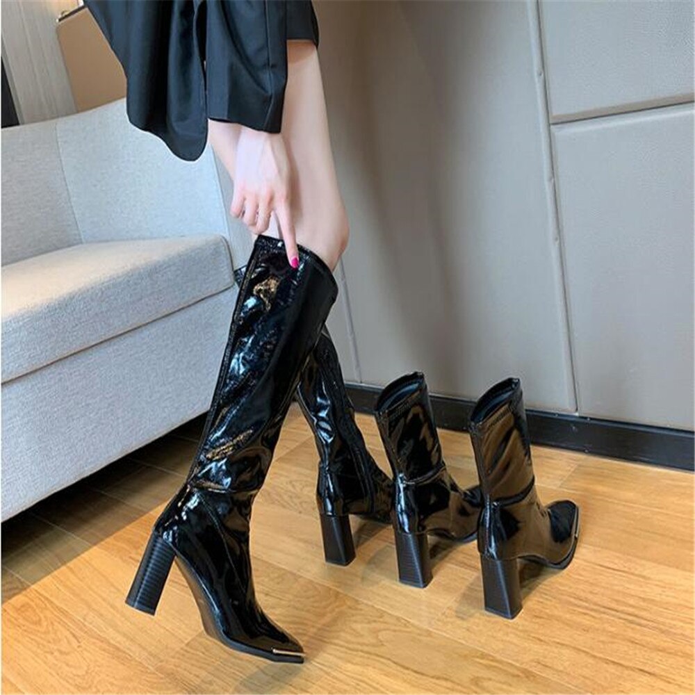 Patent Leather Shoes Womens Knee High Boots Square Toe Zip Ladies Thick High Heels Chelsea Bootties Black