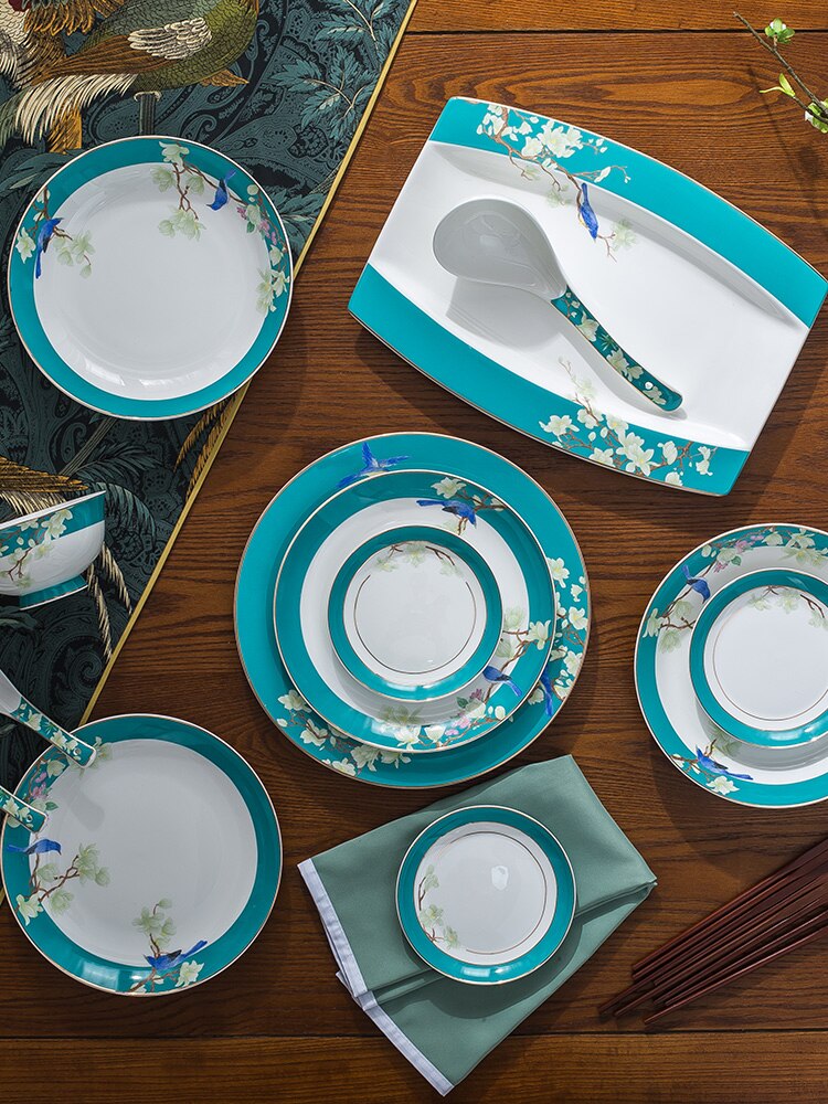 Chinese Style Ceramic Tableware Set Bone China Dinner Set Rice Bowl Steak Plate Soup Spoon and Pot Dish and Plate Combination