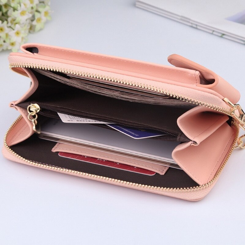 Women PU Leather Shoulder Bag Strap Purses Solid Color Mobile Phone Big Card Holders Wallet Handbag Pockets For Girls