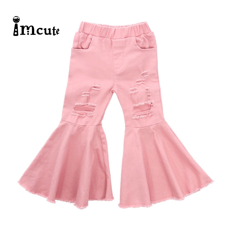 Icute flickor byxor stil jeans utsvängda byxor barn små barn baby barn jeansbotten stövel skurna hål rosa byxor