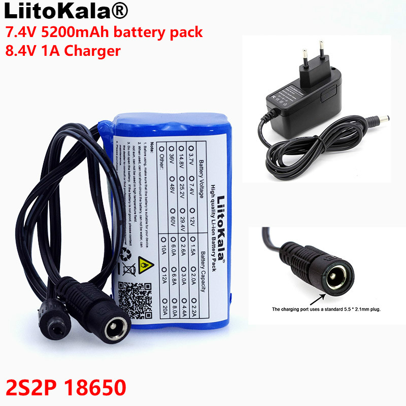 LiitoKala Beschermen 7.4 v 5200 mah 8.4 v 18650 Li-ion Batterij fietsverlichting Hoofd lamp speciale batterij DC 5.5*2.1mm + 1A Charger