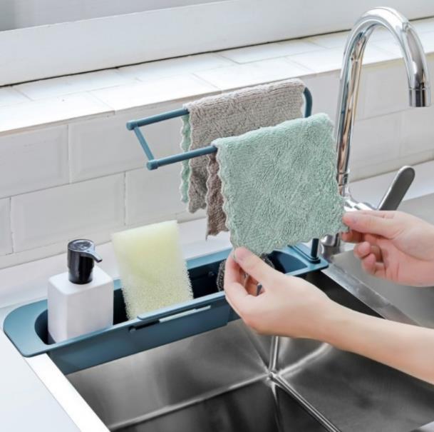 Teleskopisk vask opbevaringsstativ justerbart afløbsstativ køkkenvaske opbevaringsstativ orangizer vaskeskål svampholder badeværelse: Blå
