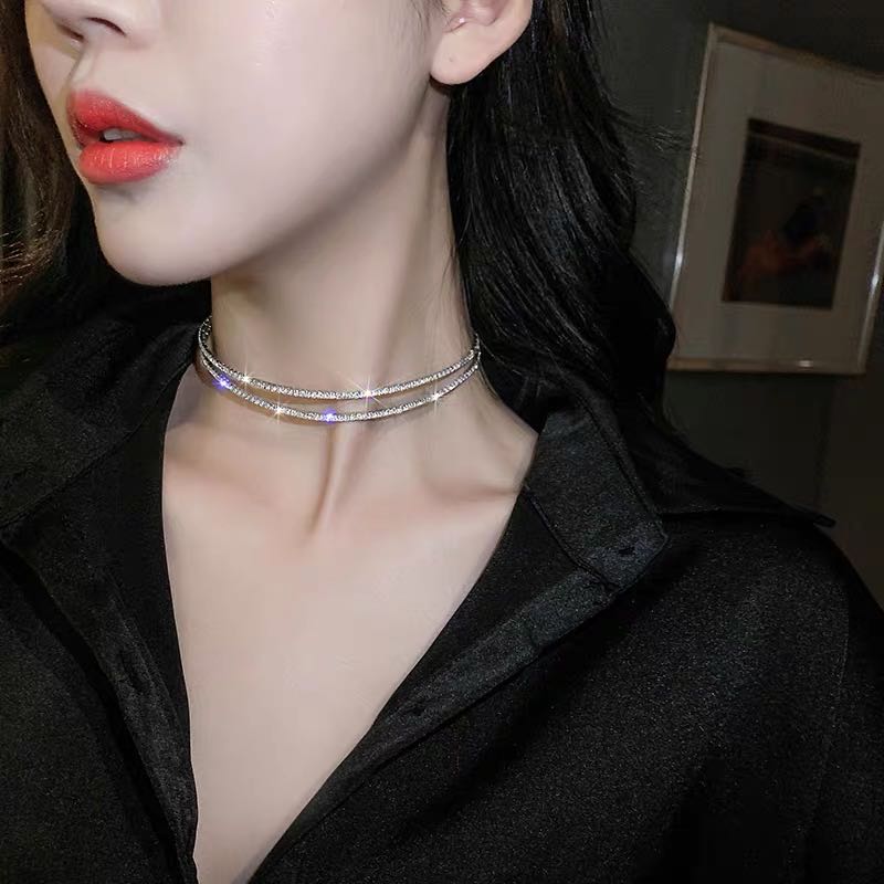 Korean einfache Strass frauen doppel halsketten erklärung luxus ausschnitt Kristall Halskette Party