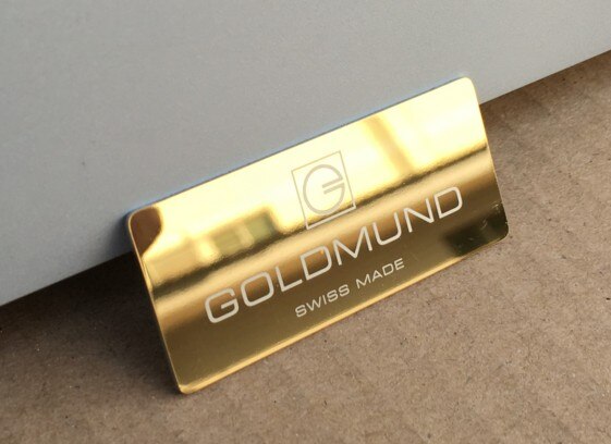 Tamanho do sinal da liga de alumínio banhado a ouro do signage da caixa do amplificador de goldmund 53*22mm
