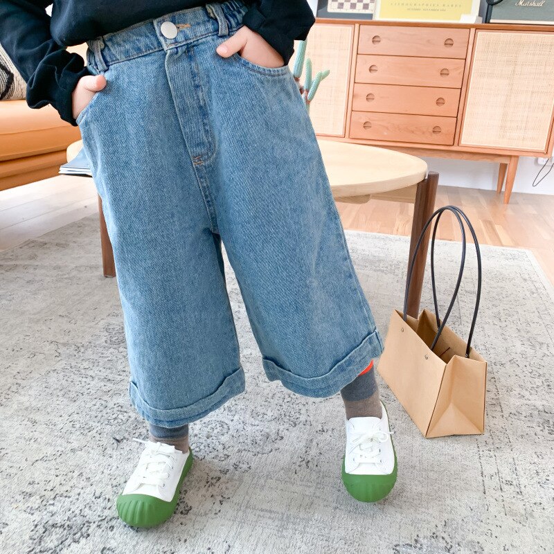 Printemps automne style coréen filles jambe large denim pantalon enfants décontracté jean ample 1-6Y