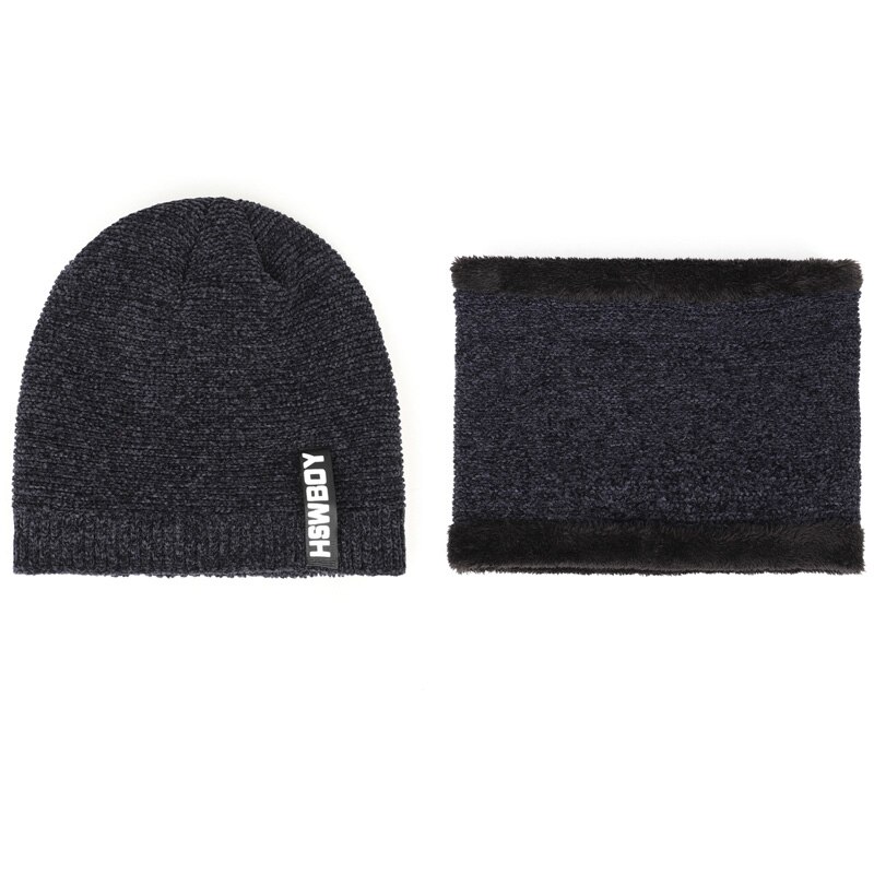 Herr vinterhatt halsduk 2 stycken setvarm plus sammet tjocka stickade hattar fashionabla mjuka baggy balaclavacasual man mössor: Marin