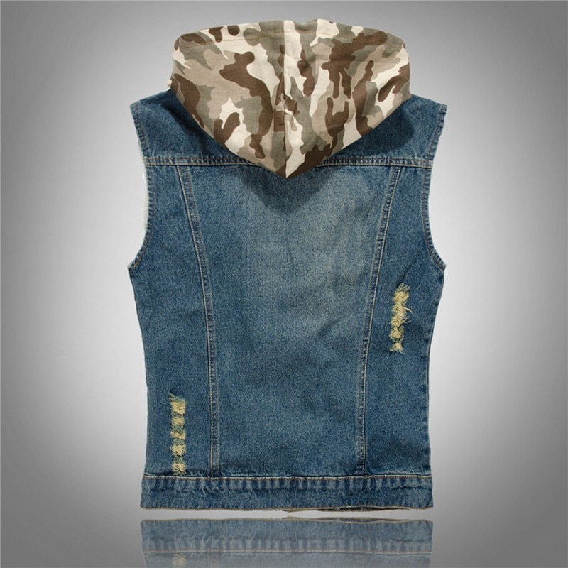 Spring Brand Slim Fit Hooded Camouflage Hole Male Denim Vests Male Cow Boy Sleeveless Jackets Waistcoat Zipper Fly
