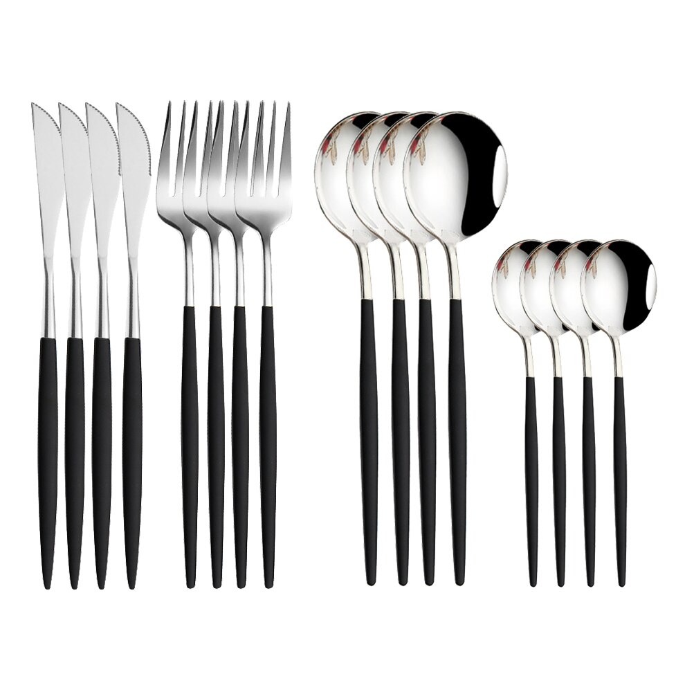 Couverts en acier inoxydable 18/10, 16 pièces, violet et or, fourchette, couteau, cuillère, vaisselle de table, argenterie: Black Silver