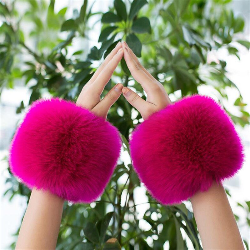 Manchette en fausse fourrure de renard de pour femmes, chauffe-bras, mignon, décor, hiver, automne, manches courtes, solide, W108: Rose Red