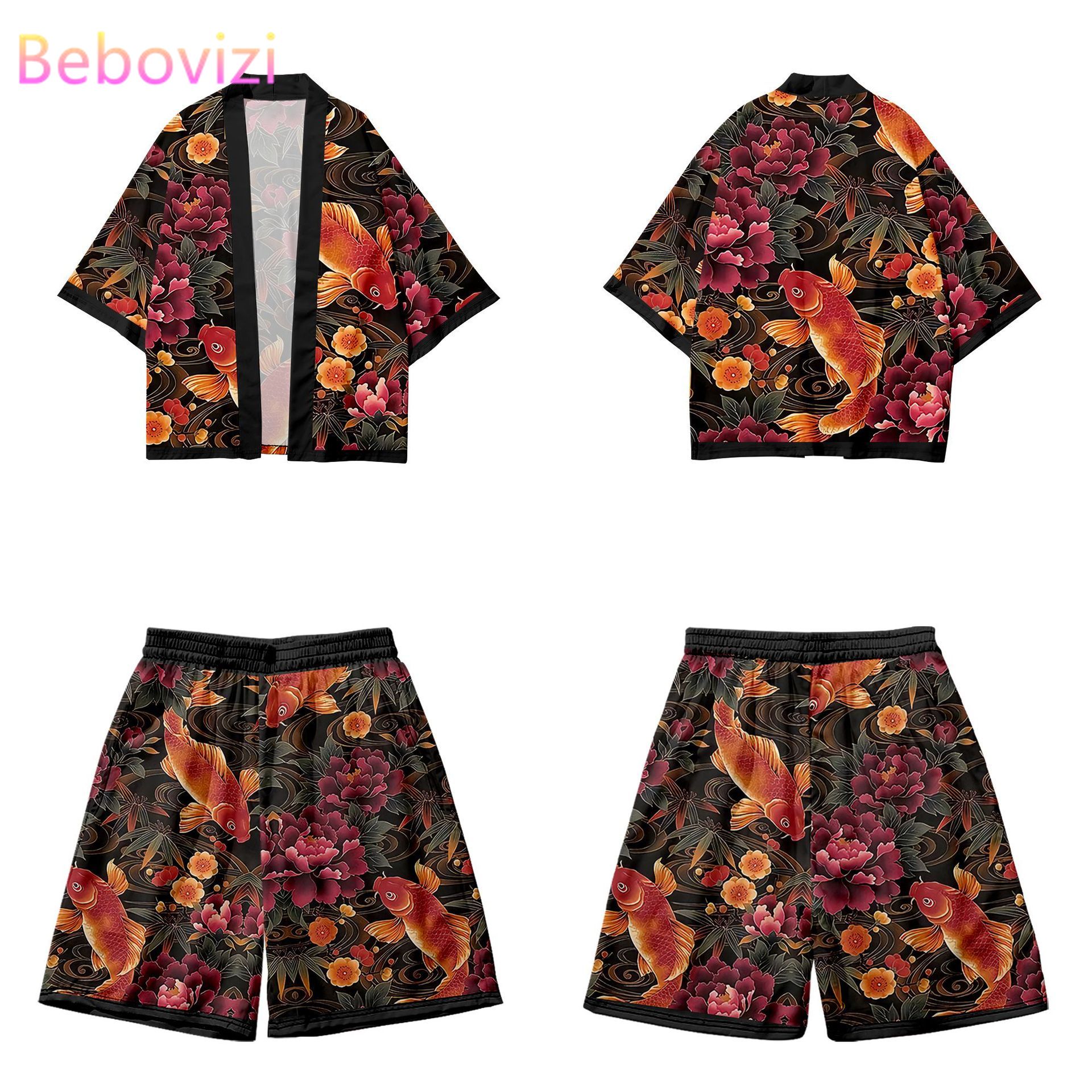 Dwuczęściowy garnitur Yukata japoński tradycyjny sweter kobiety mężczyźni Haori moda kwiat nadruk ryby Harajuku Kimono zestawy z krótkimi spodenkami