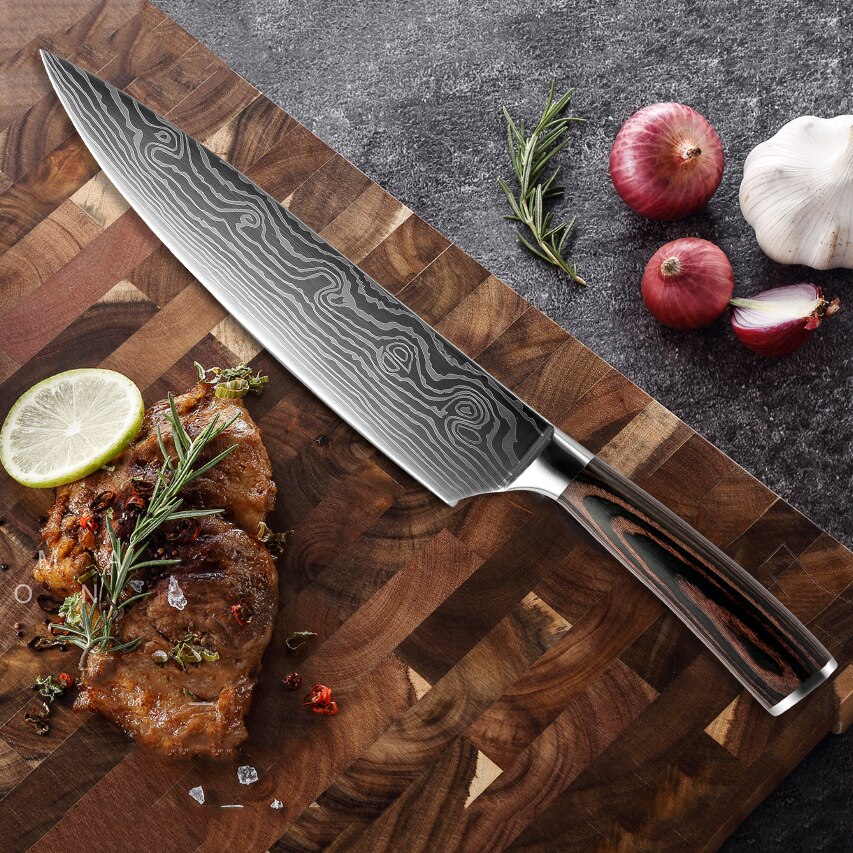 Xituo beste 2 stk kjøkkenkniver sett japansk damaskus stål mønster kokkekniv sett kløveskære santoku skjæreverktøy