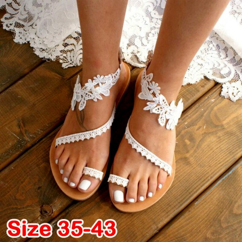 Wit Kant Vrouwen Platte Sandalen Strand Schoenen Vrouwen Plus Size Zomer Mode Schoen Bruiloft Schoenen