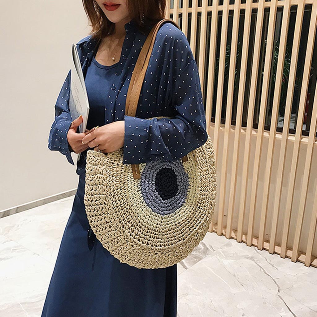 Bolsos redondos de paja para mujer, bolsa de mimbre hecha a mano, bolsa cruzada de playa tejida, bolso bohemio circular Bali,