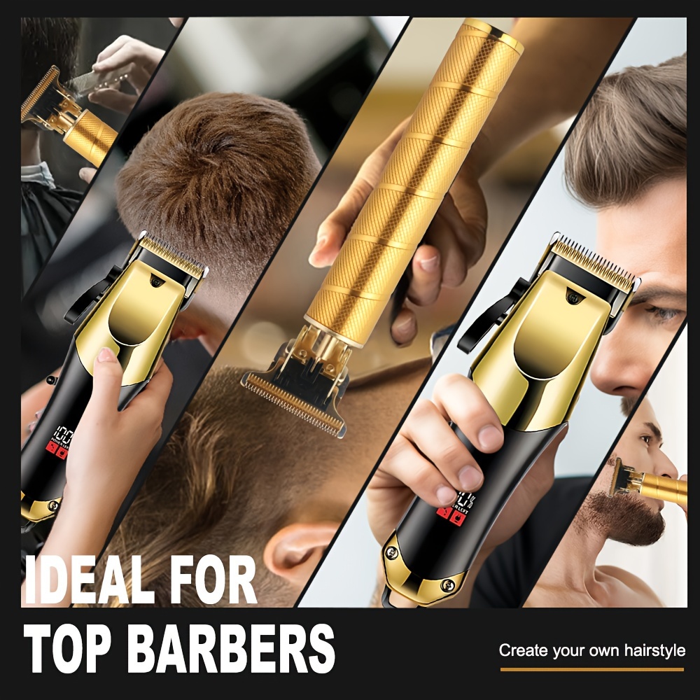 Pflegeset für Herren, 3-teiliges Set, goldene schwarze Haarschneidemaschine mit LCD-Display, wiederaufladbar über USB, 8 Führungskämme, Trimmer und Rasierer