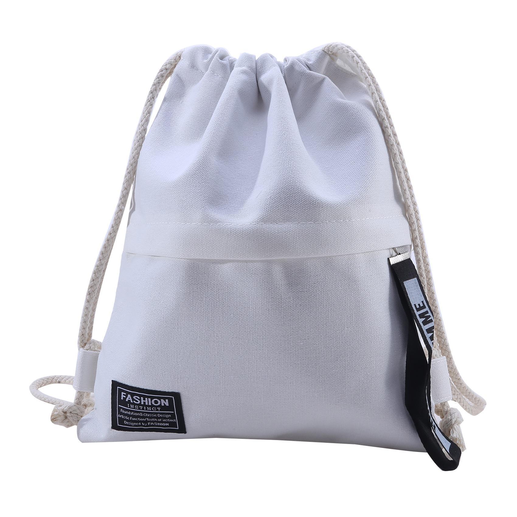 Canvas rugzak met trekkoord Mode School Gym Tas met trekkoord Casual String Knapzak Schoolrugzak voor tienervrouwen: WHITE