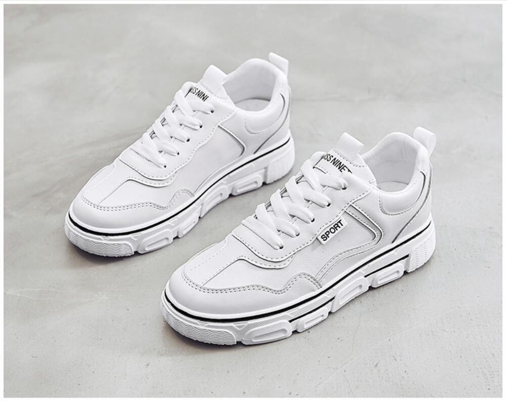 Vulkaniserede sko sneakers dame snøre lærred sko hvidt læder afslappet gang platform studetn slinge sko  ab521: Hvid / 7.5