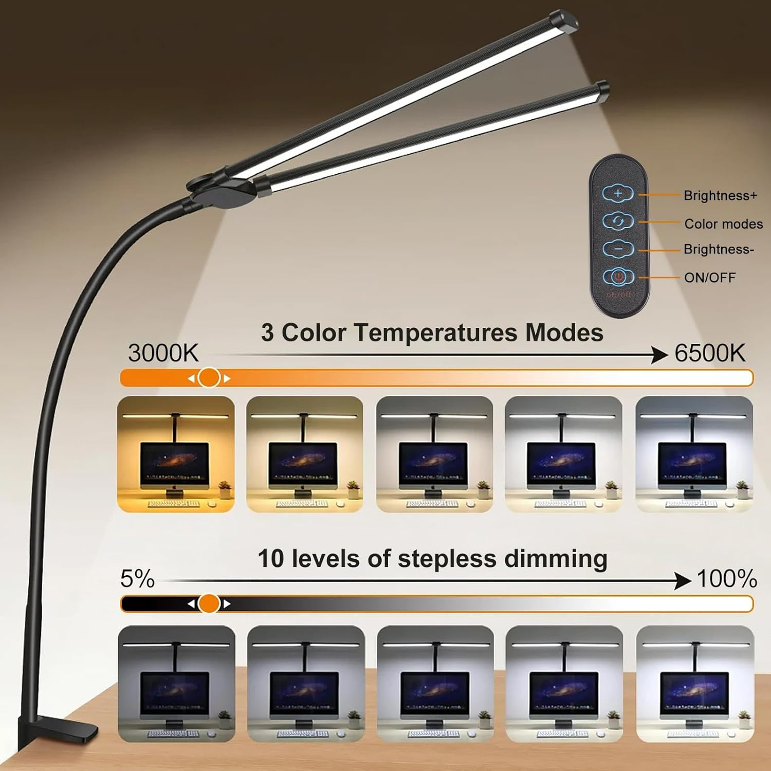 Home Office LED-bureaulamp met clip op dubbele kop Computermonitor Verstelbare en flexibele clip-on lamp met zwanenhalsontwerp