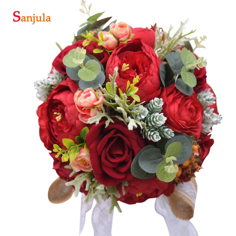 Pivoine artificielle Rose mariée main Bouquet belles fleurs Bouquet De Mariage nuptiale Mariage accessoire H007: Rouge