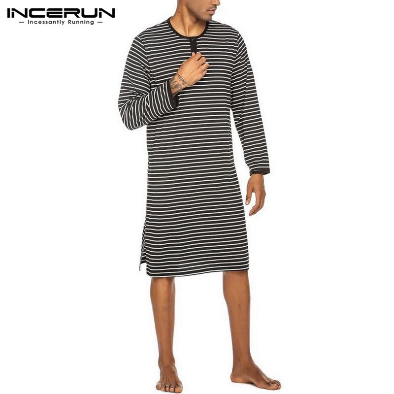 INCERUN Men Striped Sleep Tops Long Sleeve Round Neck Loose Nightgrown Casual Comfortable Sleepwear Men Homewear Nightclothes