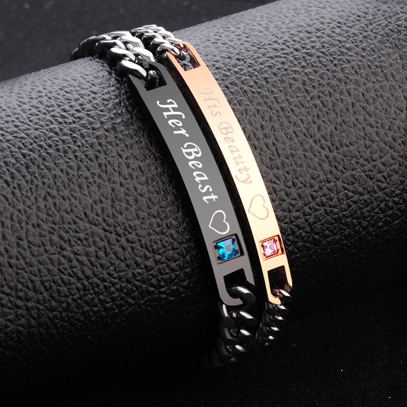 1PC Women Men Her King His Queen Her Beast His Beauty Steel Stainless Couples Bracelets Love Bangle Valentine's Day