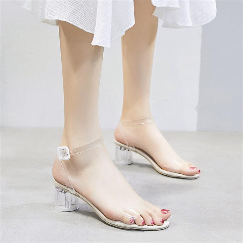 Women Sandals Ankle Strap Perspex High Heels PVC Clear Crystal Concise Classic Buckle Strap Shoes size34-40: White / 35