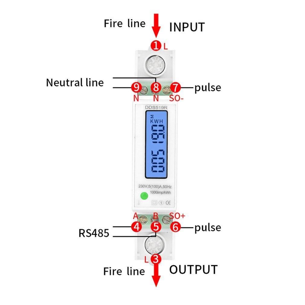 DDS519R LCD Mudbus 18mm Mini Digital Power Meter Single Phase Watt Meter DIN Rail With Backlight AC 5-100A 230V