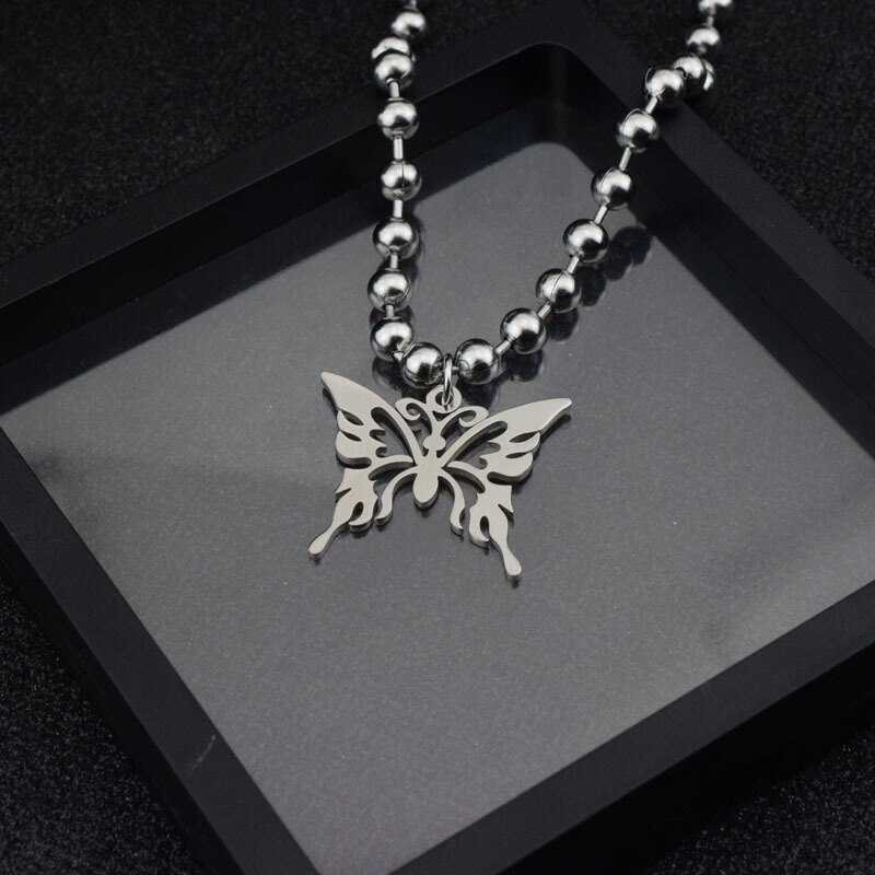 Punk Rock Zoete Vlinder Rvs Hanger Ketting Streetwear Ball Chain Polijsten Chain Mode Ketting Unisex Sieraden