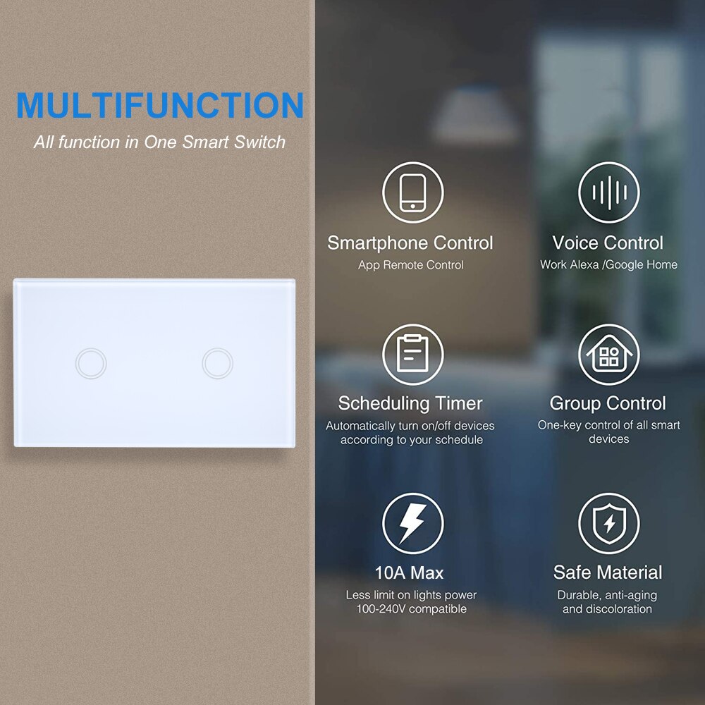 110-240V 1/2Gang 3 Way WiFi Touch Wall Light Switch No Neutral Wire Needed Compatible with Alexa and Google Home Single Pole